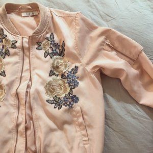 Floral applique bomber jacket
